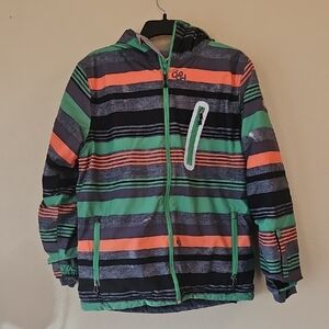 Youth Large 686 Snow Coat Striped‎ Hooded Jacket with Green and Orange Accents